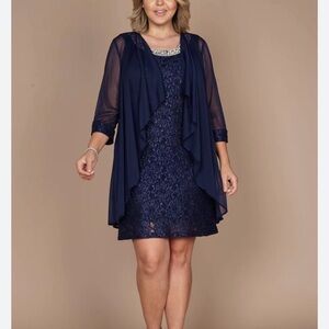 R&M Richards Midnight Blue Lace Dress with Sheer Jacket- worn once- size 14